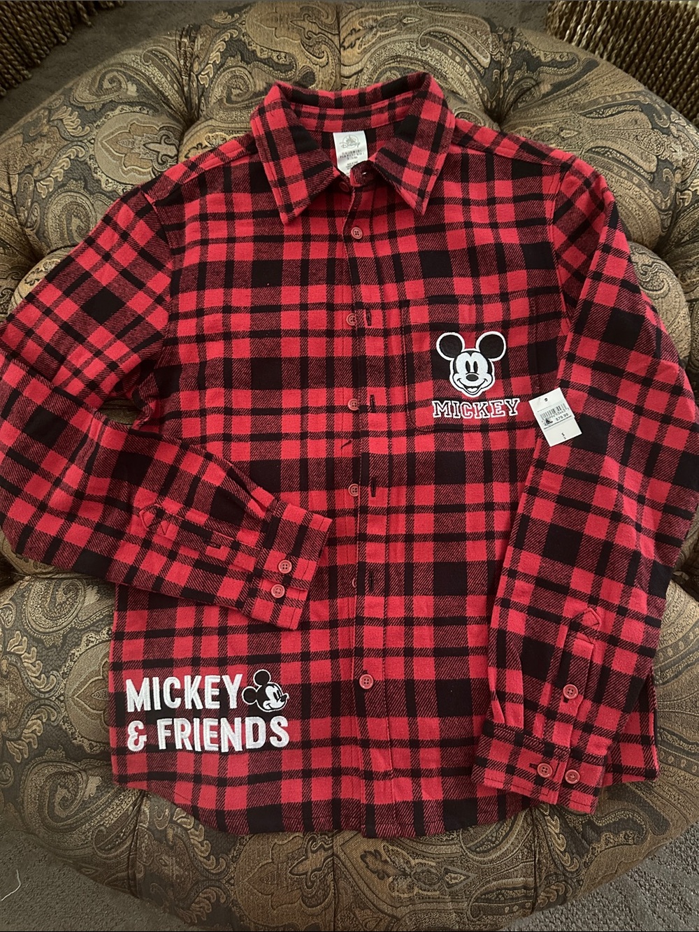 Disney Red and Black Plaid Mickey Button-Down flannel shirt woman’s small NWT
